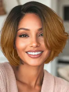 Ombre Ginger Short Bob Wigs for Women, Straight Bob Wigs, Gorgeous Fluffy Wigs with Blunt Bangs, Synthetic Heat Resistant Wigs for Party, Daily Use