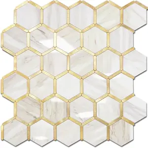 STICKGOO 10Pcs Hexagon Waterproof Metal Peel and Stick Backsplash, Stick on Backsplash for Kitchen/Bathroom Ornaments - Beige Decorating Decorative