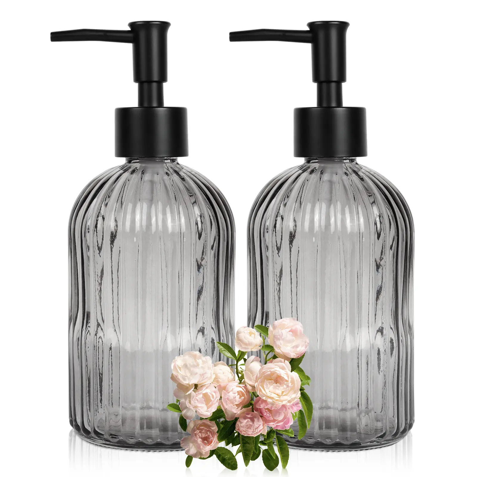 2 Pack Glass Soap Dispenser with Plastic Pump 400ml Liquid Hand Soap Dispenser Rustproof Pump for Kitchen & Bathroom Great for Lotions Essential Oil Liquid Soaps Gray