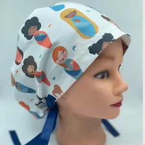 NICU Euro Scrub Cap - Labor and Delivery Scrub Cap with Colorful Dolls Design and Blue Ribbon Detail