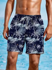 3D Men's Tropical Palm Tree Swim Trunks, Navy Blue with Brown Print, Unconventional Design with Adjustable Drawstring Waist, Perfect for Summer Beach, Swimming Pool, and Vacation, Ideal as a Holiday Gift, Suitable for Summer Travel and Daily Casual Wear
