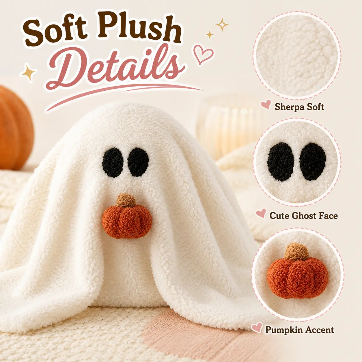 Halloween Cute Ghost Throw Pillow, Soft Sherpa Plush Pillow with Pumpkin Accent, Cozy Fall Couch Pillow for Bedroom Sofa Shelf Decor, Spooky Cute Gift for Girls Women