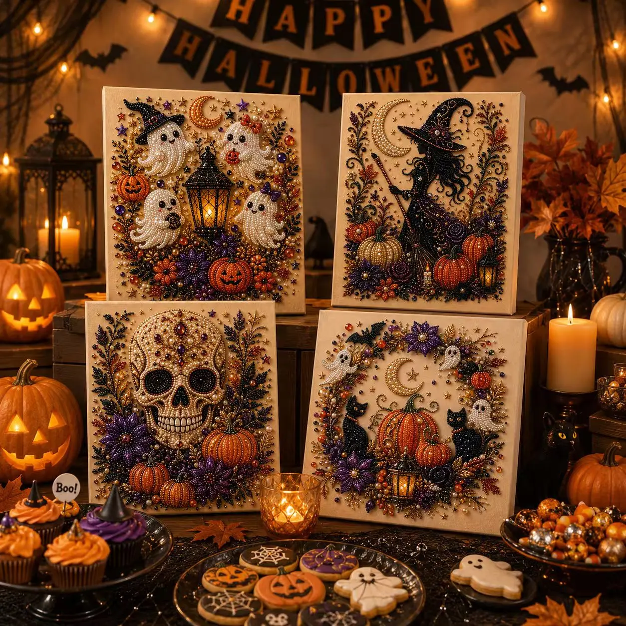 Halloween 3D Pearl Diamond Painting Kit, 8x8 Inch DIY Crystal Art with Ghost, Witch, Skull or Pumpkin Design, Spooky Fall Wall Decor for Adults, Holiday Party Decoration & Gift sohochic, Pearl Beads, Crafting Table