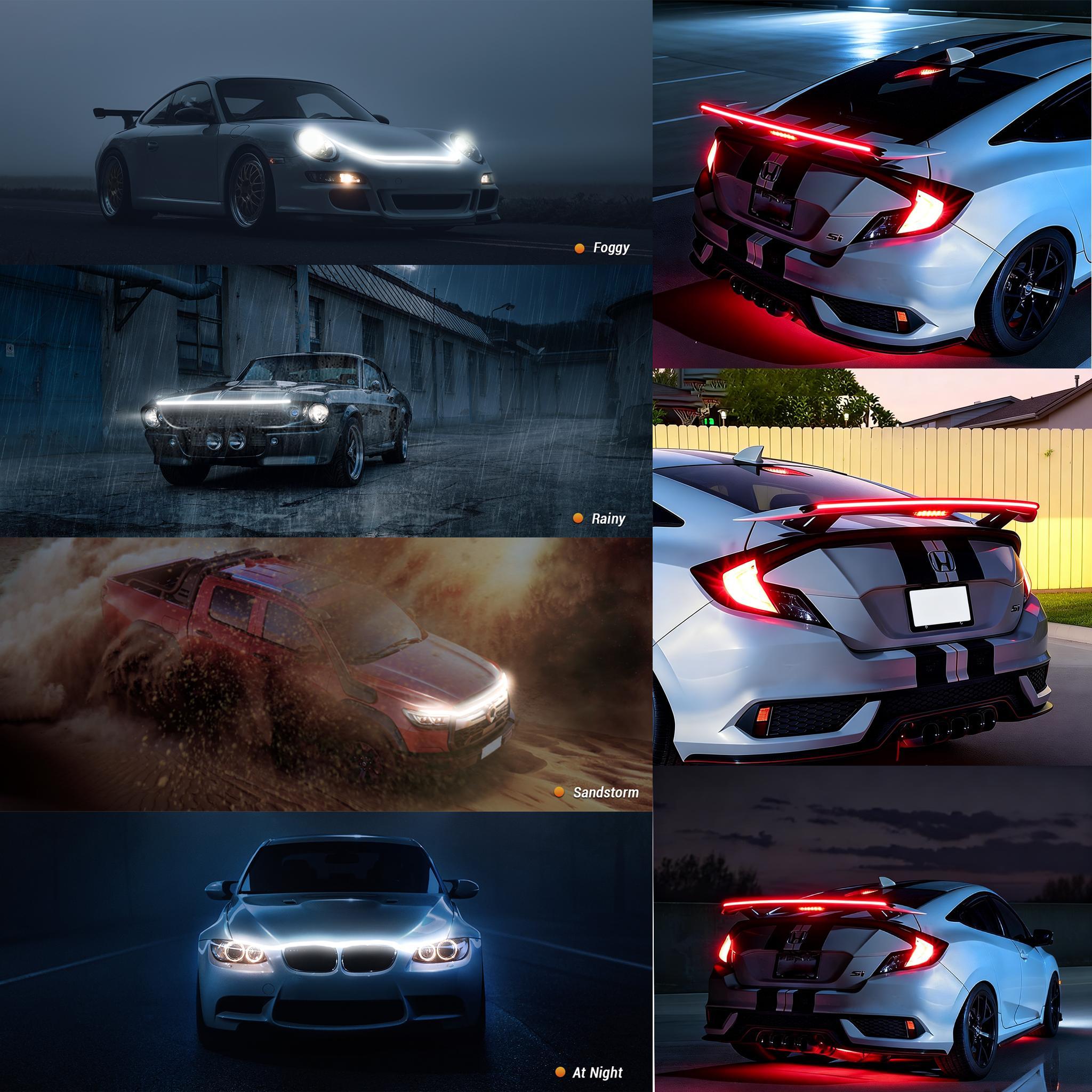 DIBMS LED Light Kit (for hood and spoiler), includes: 71-inch LED light bar with dynamic scan activation for day/night hood running lights / carbon fiber LED taillights, Turn signal LED taillights, Brake/daytime running light accent lights.