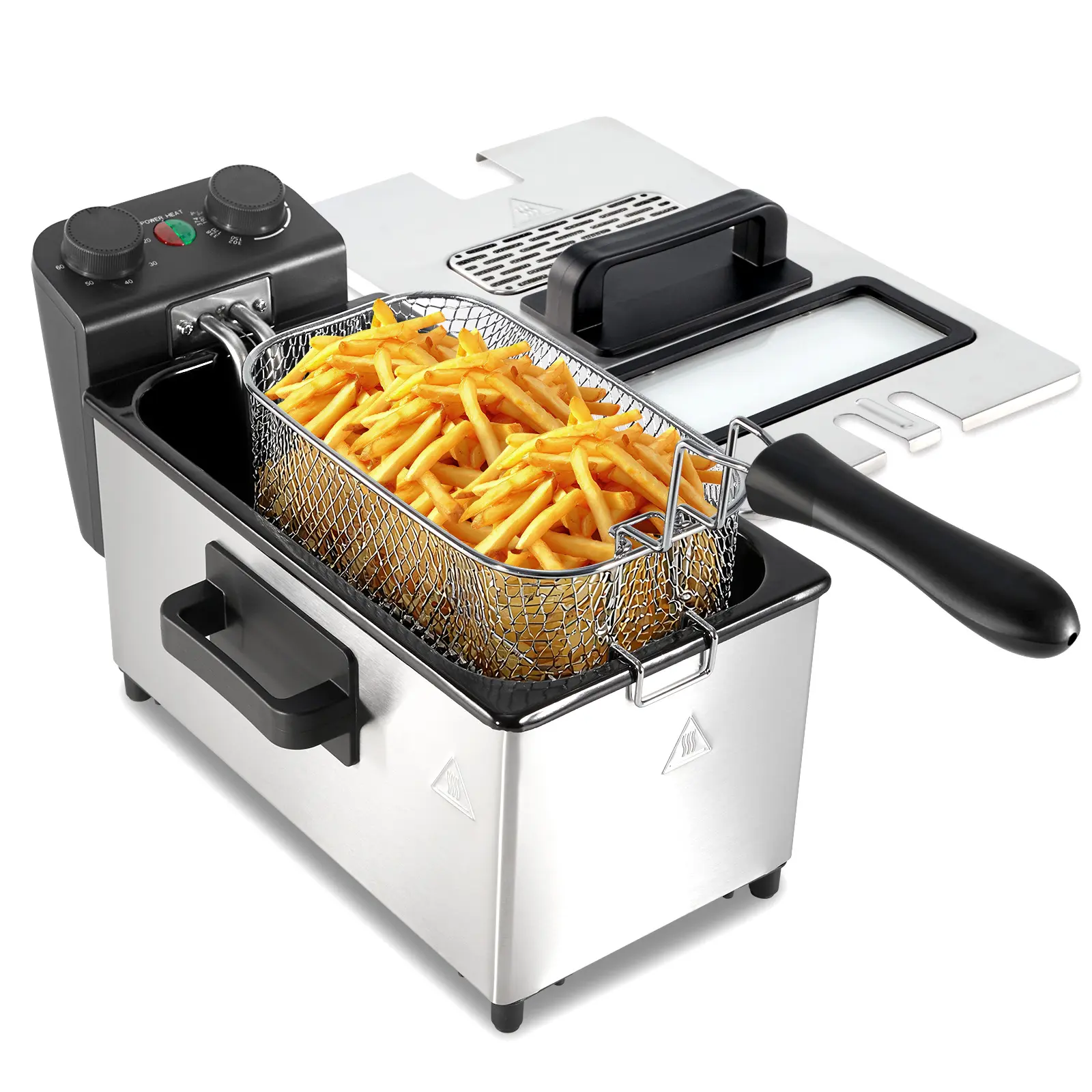 3L/5L 1700W Electric Deep Fryer with Basket, Timer & Temperature Control, Stainless Steel, Dishwasher Safe, Lid with View Window & Odor Filter