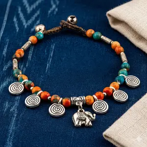 Thai Handmade Boho Bracelet - Stackable, Adjustable, Giftable - Artisan Spirit - Orange Stone with Silver Elephant Charm