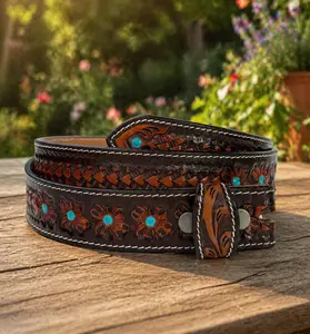 Men's Tooled Western Engraved Leather Belt 100% Genuine Full Grain Cowhide Belt Strap Cowboy 1.5" Wide Embossed Leather Snap-On Belt