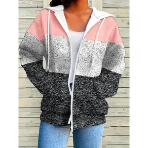 Plus Size Color Block Zip Up Hoodie, Casual Drawstring Hooded Long Sleeve Pockets Outerwear, Women's Plus Size Clothing