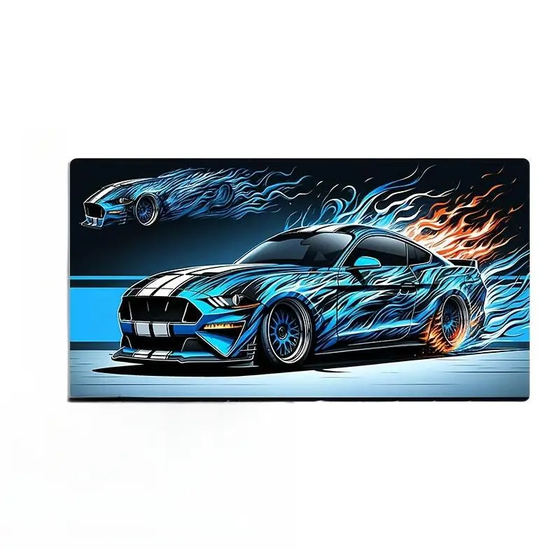 1 piece large-size esports gaming mouse pad with cool blue dual-flame vehicle graphic print, non-slip washable rubber base, large desk mat for office desks, computer decor accessory, stain-resistant gaming mouse pad for desktop, Size 40×20 inches