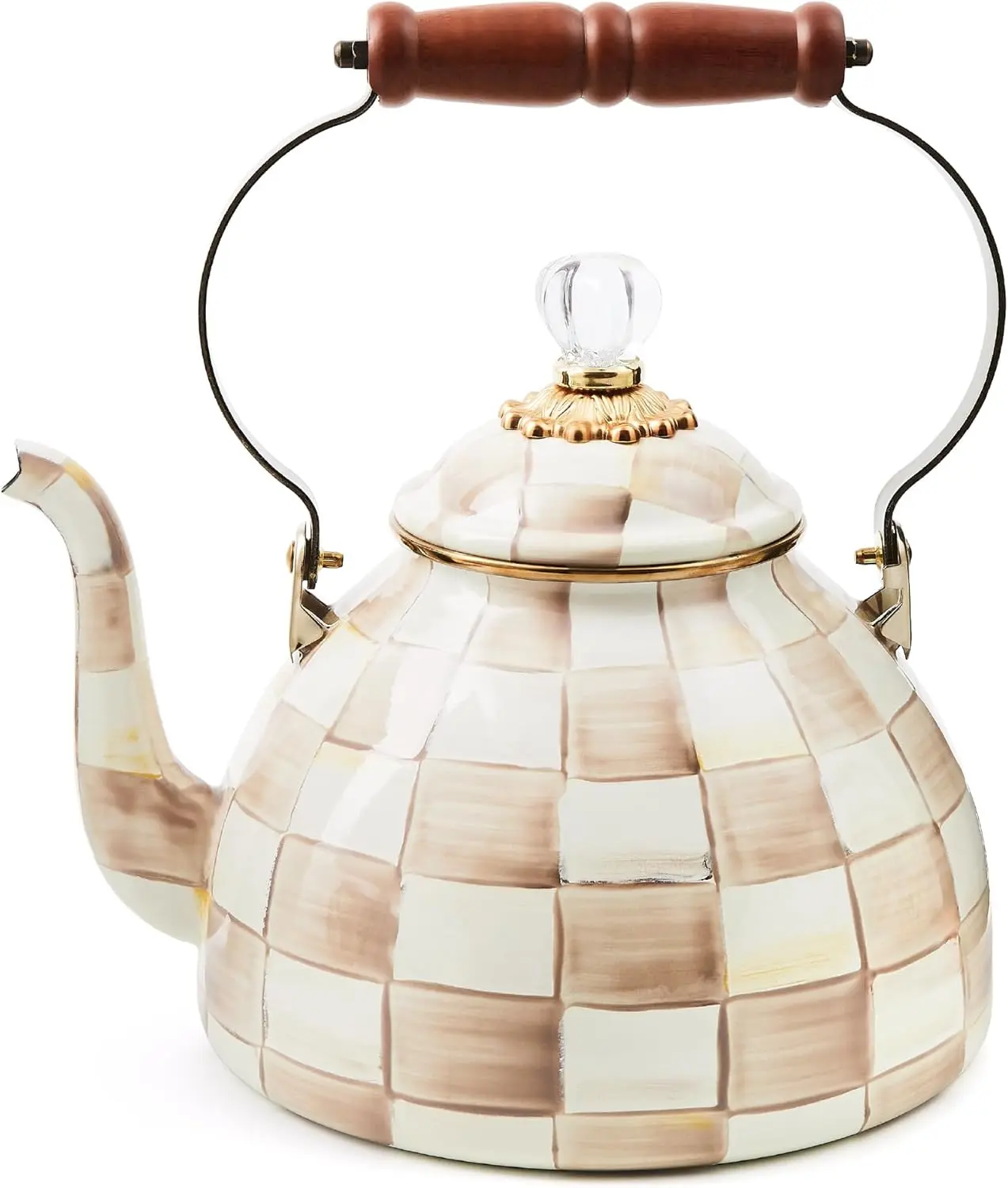 MACKENZIE-CHILDS Enamel Stovetop Tea Kettle - 3-Qt Brown-and-White Mocha Check, Wood Lid, Glass Window, Steel Accents, for Countertop Kettles & Jugs