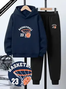Teen Boys Spring Fall Thin Hoodie Set, Fashion Basketball Hoop 23 Number Print, Casual Fitted Long Pullover, Sports Cool Windbreaker Two-Piece