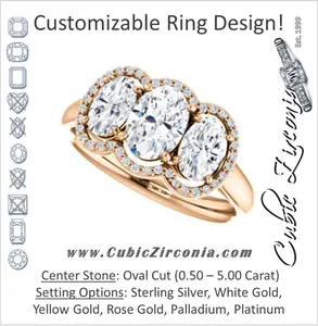 Cubic Zirconia Engagement Ring- The Carissa (Customizable Oval Cut 3-stone Halo Style with Oval Accents)