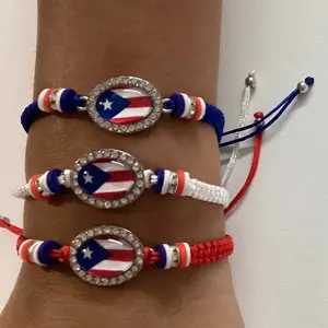 Puerto Rico flag bracelet set of three. Blue , white and red color strings.