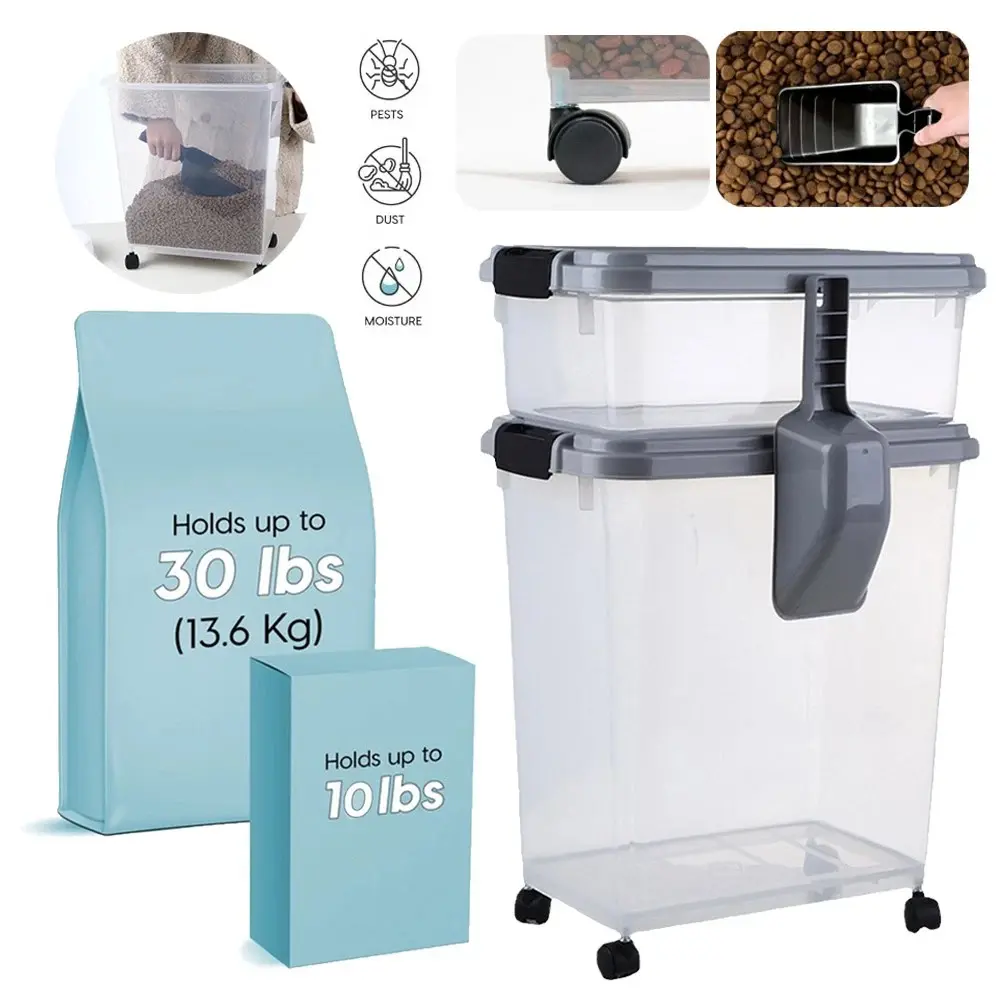 Airtight Stackable Pet Food Cannister Storage Boxes - 30 Lbs & 10 Lbs Capacity, Includes Treat Container, Wheels for Easy Movement, Suitable for Dog & Cat Food