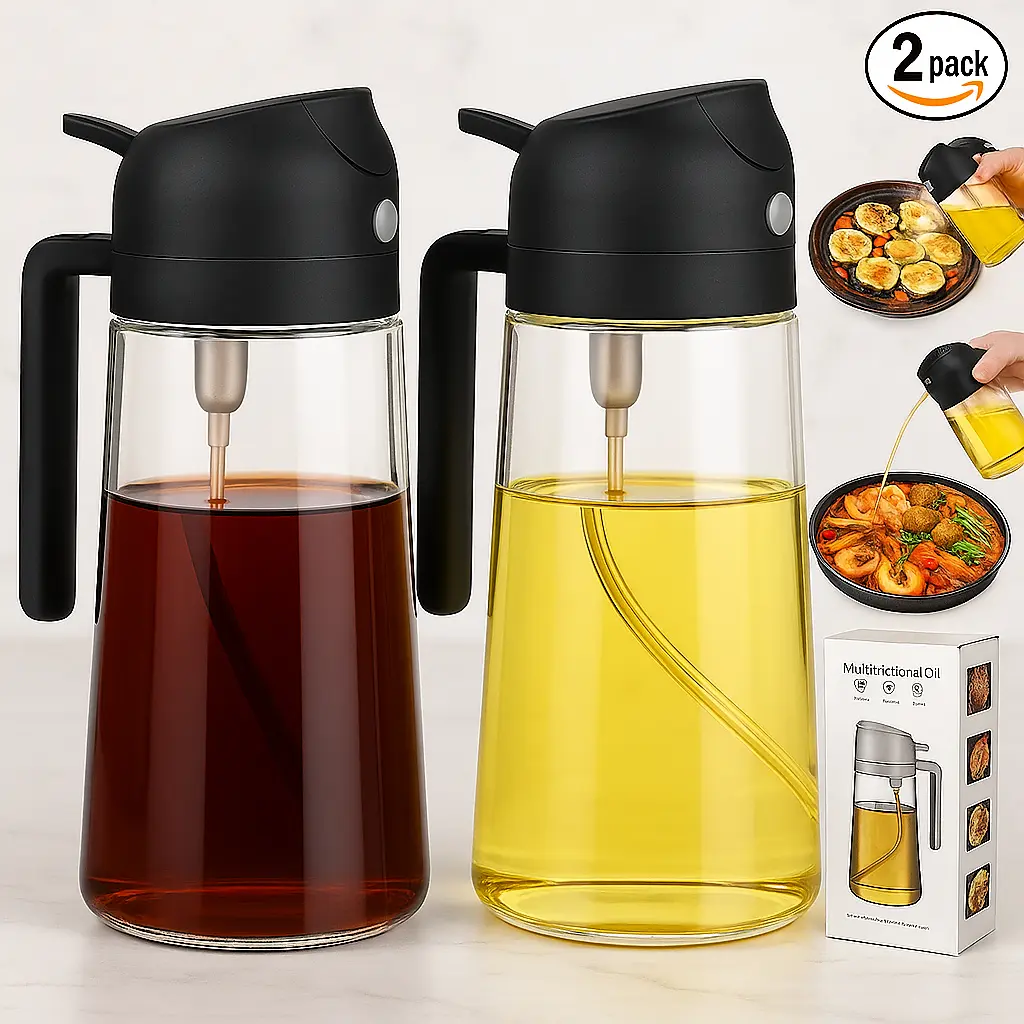 2 Pack Oil Dispenser Bottle for Kitchen,2 in 1 Oil Dispenser and Oil Sprayer,16.5oz/470ML Glass Spray Bottle with Premium Nozzle,Air Fryer Accessories for kitchen,Salad,Baking,BBQ,Frying oilspray Set Thick