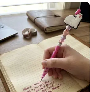 Cute Cat Mechanical Pencil – Pink Beaded Pencil, Handmade Writing Pencil, Gift for Kids & Teens