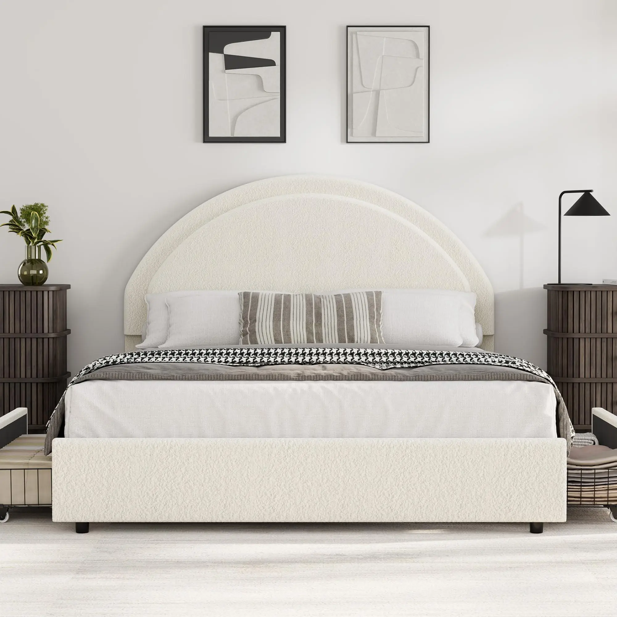 Full Size Boucle Bed Frame with 2 Storage Drawers, Soft Upholstered Platform Bed Frame with Round Headboard, Heavy Duty, Wooden Slats, Noise Free, No Box Spring Needed, Beige