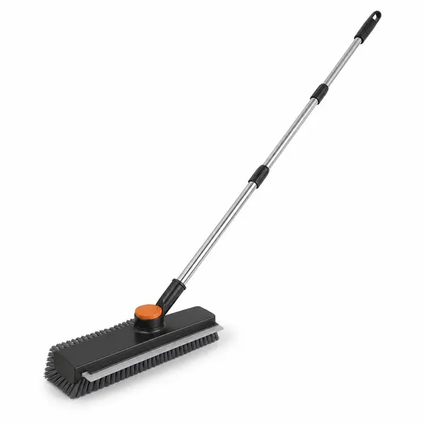 1 Set Polypropylene Floor Scrub Brush with Long Handle, Stiff V-Shaped Bristles, Built-In Squeegee & 360° Rotating Head, Practical Modern Tile Grout Cleaner for Bathrooms/Kitchens to Reduce Bending