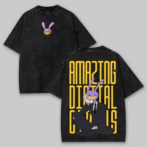 Vintage Washed Black The Amazing Digital Circus Jax Graphic T-Shirt Unisex, Retro Distressed Oversized Crew Neck Short Sleeve Tee, Y2K Cartoon Streetwear Casual Top for Men Women, Outdoor Daily Wear