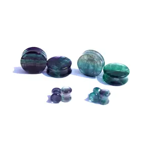 Rainbow Fluorite Stone Ear Gauges, Polished Double Flare Crystal Plugs with Vibrant Purple & Green Bands, Sold as a Pair, Rainbow Fluorite Crystals