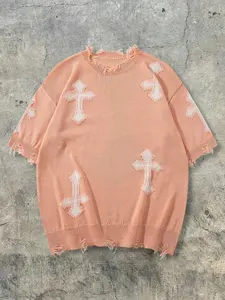 Men's Cross Print Fringe Trim Sweater Pull Over, Loose Casual Street Short Sleeve Jumper for Summer, Fashion Men's Knitwear for Daily Wear, Tops, Spring Fashion Pullover