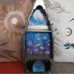 Stained Glass Image Boat Shelf - Approximately 15" Tall Hand Made Decorative Removable Shelf with Celestial Design, Includes Removable Drawer