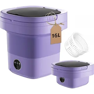 16L Portable Foldable Washing Machine with Spin Basket 3 Modes Compact Washer for Apartment RV Travel Underwear Socks Baby Clothes Purple