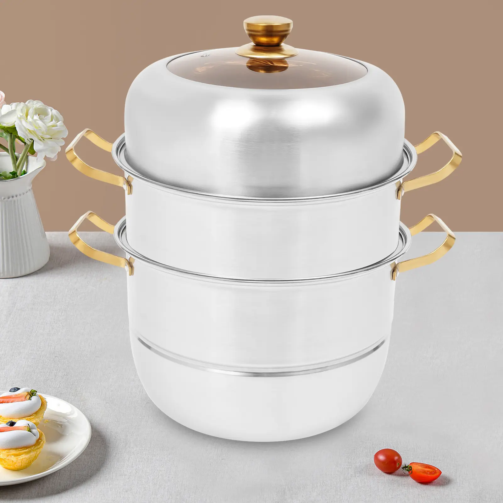 Stainless Steel Steamer Pot, 3 Tier Steaming Cookware with Glass Lid, Large Capacity 2.11 Gallon, for Gas Induction Ceramic Hob