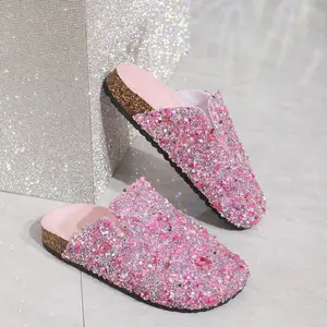 New Arrival Hot Pink Half-Strap Slippers, Casual Slip-On Sandals, Cute Diamond Glitter Flatform For Holiday, Home And Outdoor Wear