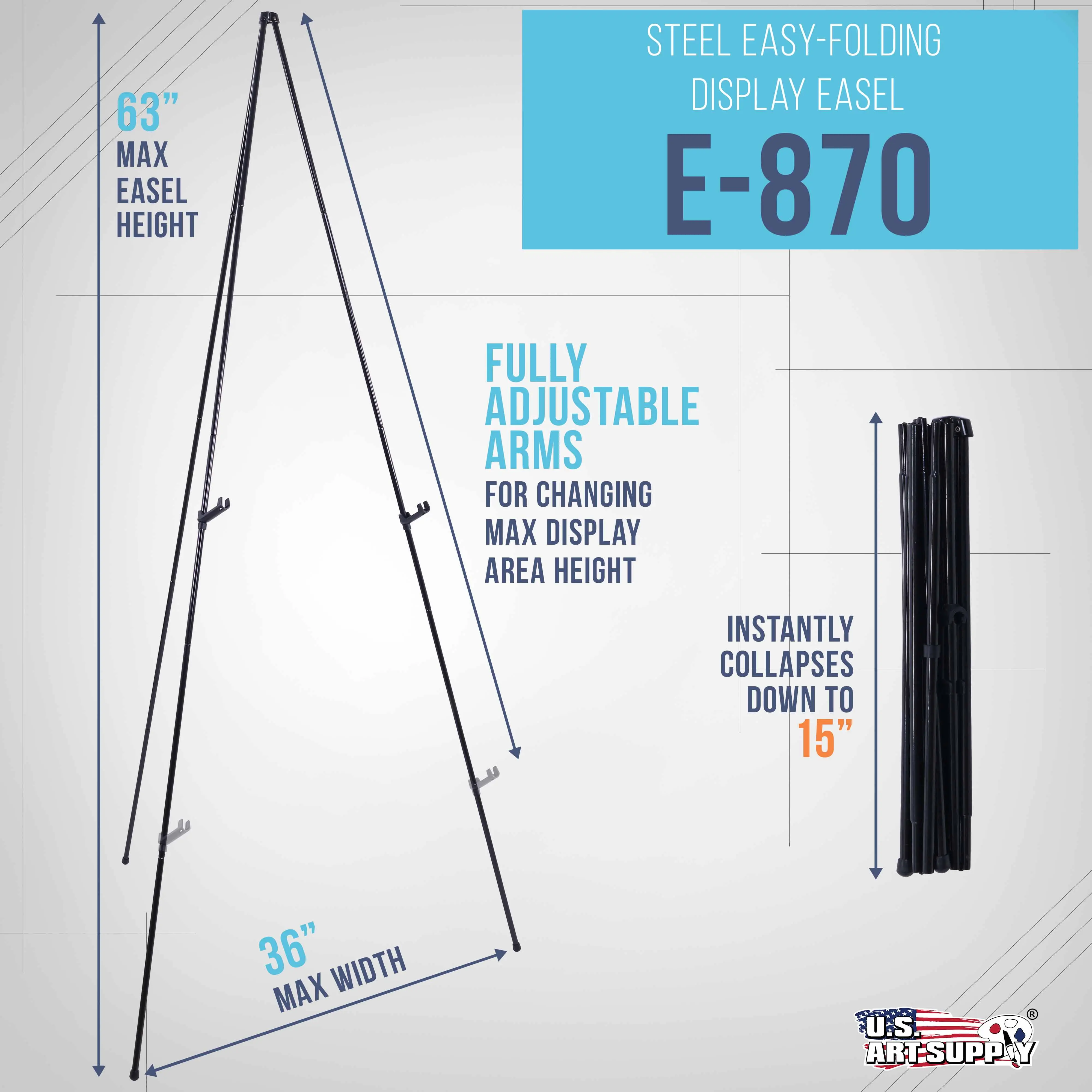 63" High Metal Folding Display Easel - Adjustable Height, Instantly Collapses, Holds 5 lbs - Portable Art Easel Stand - For Sign, Poster, Canvas, Painting, Picture Display