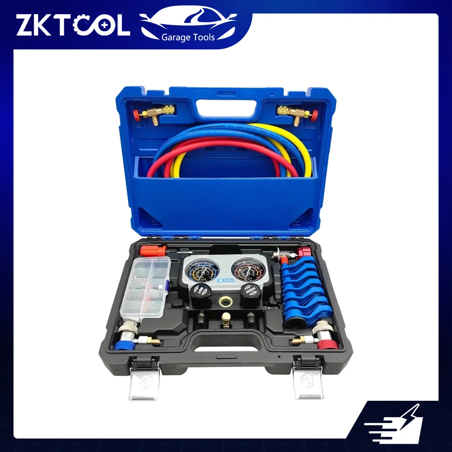 ZKTOOL 4 Valve AC Manifold Gauge Set for R1234YF R134A R404A Refrigerants Automotive Air Conditioning Pressure Gauge Kit with Hoses Quick Couplers Carrying Case