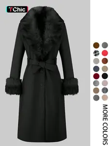 Women's Fall Winter Mid-Length Solid Color Coat, Warm Fitted Coat with Fur Collar, Waist Belt & Pockets, Casual Style, Jackets