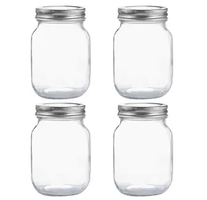 Glass Regular Mouth Mason Jars, 16 oz Clear Glass Jars with Silver Metal Lids for Sealing, Canning Jars for Food Storage, Overnight Oats, Dry Food, Snacks, Candies, DIY Projects (4PACK)