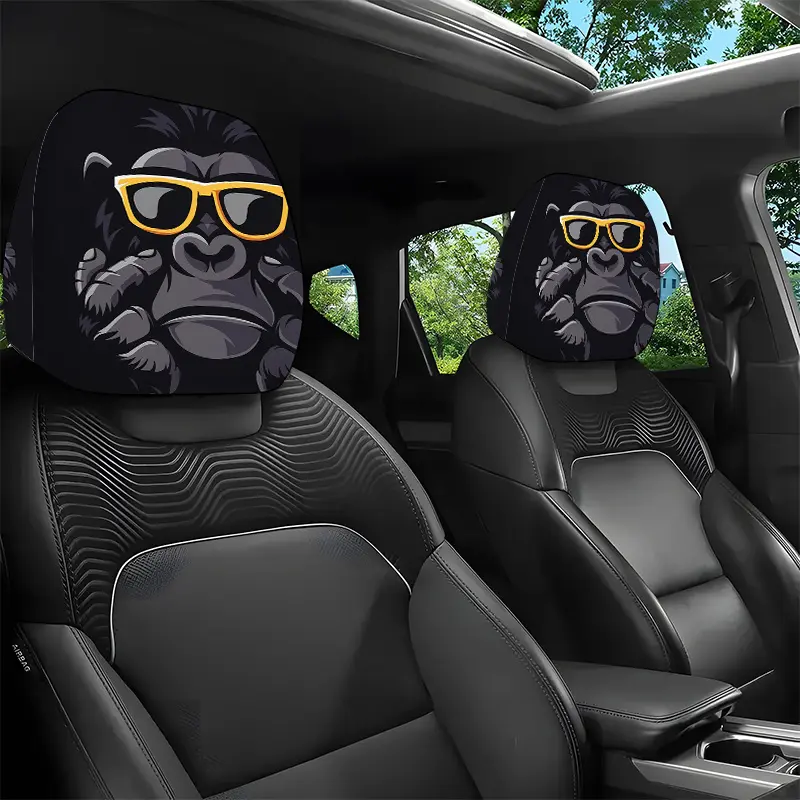 2 Pack Gorilla Headrest Covers with Fashion Glasses, Gorilla & Sunglasses Design, Elastic Car Seat Protector, Easy Install, Car Seat Decorative