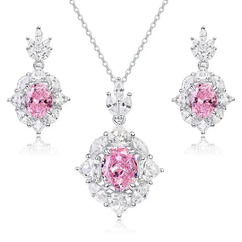 【S16】Radiant Orchid Cubic Zirconia Necklace& Earings Set - Glamorous, Wedding, Anniversary, Daily, Fashion, Jewelry Gift