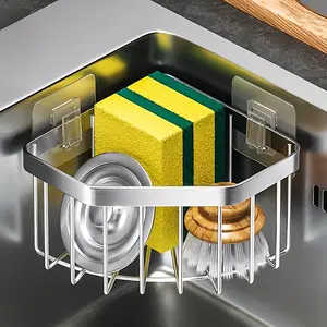 Wall Mounted Metal Triangle Sink Rack, 1 Count Space-Saving Corner Drainage Organizer for Sponges, Brushes & Scrubbers, Punch-free Bathroom Triangle Shelf, Shower Caddy, Kitchen Gadgets, Bathroom Accessory