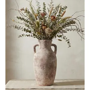 12" Neutral Tall Ceramic Flower Vase with Handles Rustic Terracotta Farmhouse Pottery for Living Room Home Shelf Coffee Dining Desk Fireplace Decor