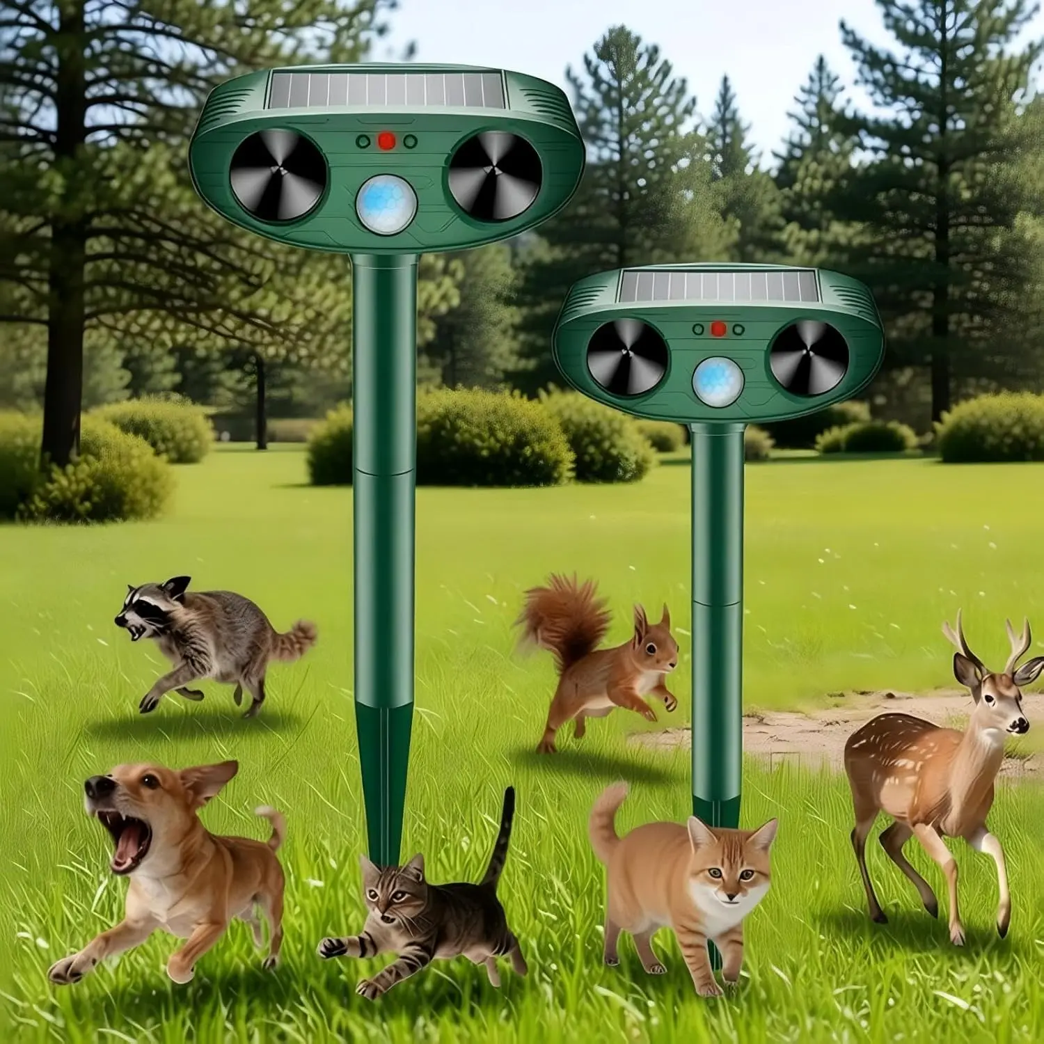 2026 Upgraded Solar Ultrasonic Animal Repellent Outdoor, Deer Repellent Devices Waterproof, Cat Repellent Outdoor with Motion Sensor Flash Light, Squirrel Raccoon Skunk Deterrents for Yard - 2 Packs