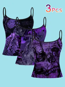3-Piece Gothic Skull Strap Top Set, Punk Print Slim Fit Tank Tops, Halloween Dark Style Sleeveless Tees for Women, Summer Outerwear, Womenswear