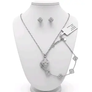 Moissanite Clover Set Necklace Bracelet Earrings Elegant Jewelry Gift