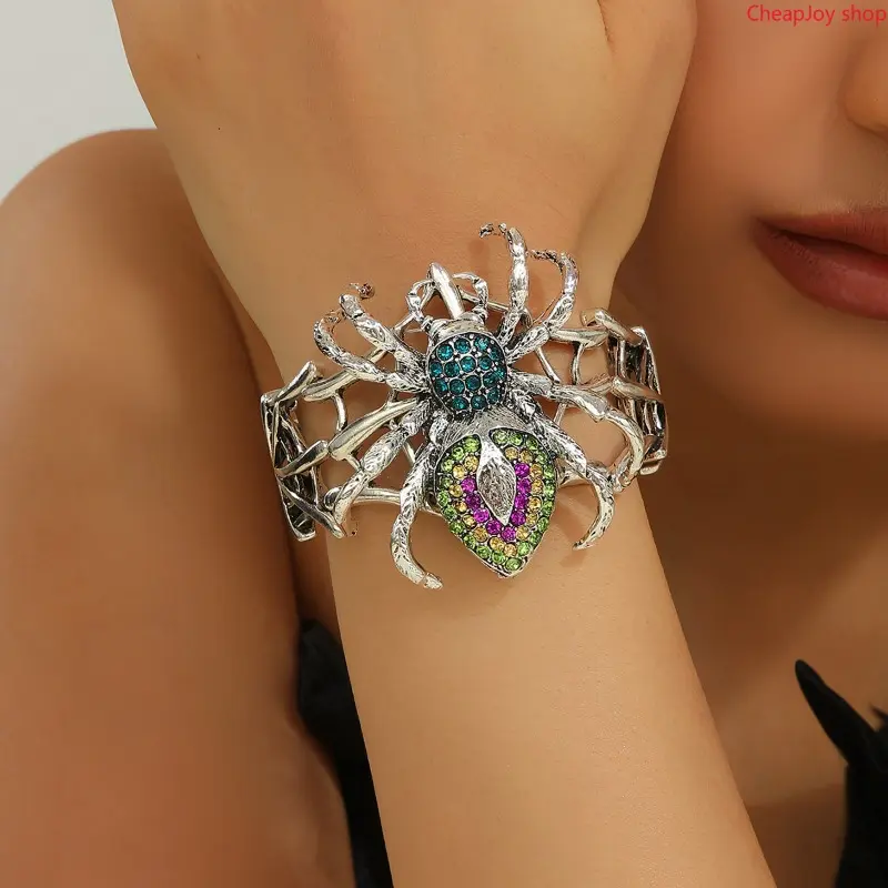 Gothic Punk Spider Bracelet, Women stretch alloy bangle embedded with shiny rhinestones, dark stylish Halloween wrist jewelry, flexible comfortable design, standout accessory for costume parties, cosplay and club events