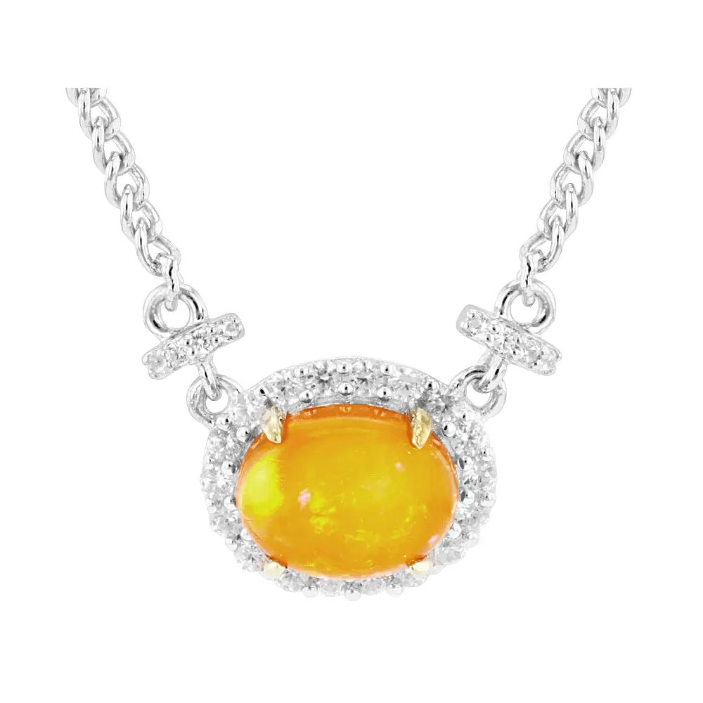 JTV Orange Ethiopian Opal With White Zircon Rhodium and 18K Yellow Gold Over Silver Necklace 1.38ctw