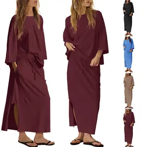 WoodBerry Women's 2-Piece Skirt Outfit Casual Lounge Set Loose 3/4 Sleeve Top & Fitted Vented Maxi Skirt Travel Beach Vacation Sets with Pockets