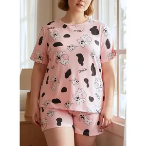 Plus-size cute cartoon cow print short-sleeved T-shirt + shorts pajamas home wear set for women