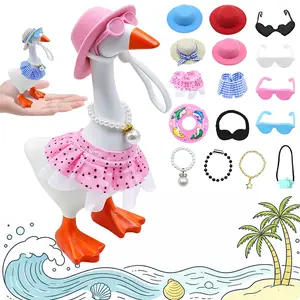 16PCS Miniature Goose Costume Set Cute Desk Goose Clothes with Hat Glasses Bikini and Swim Ring Funny Little Goose Decorative Outfits for Magnetic Porch Goose Key Holder Home Office Desktop Decor