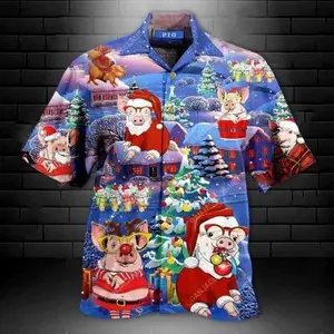 Christmas Santa Claus With Pig Hawaiian Shirt Button Down Summer Beach Short Sleeve, Hawaiian Shirt Casual Tropical