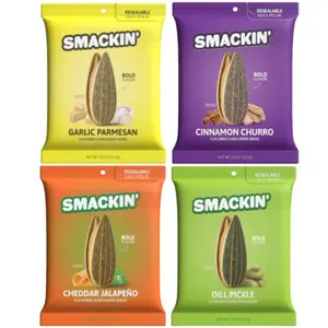 SMACKIN' Jumbo Roasted Sunflower Seeds 4 Pack - Garlic Parmesan, Dill Pickle, Cheddar Jalapeño & Cinnamon Churro Flavors - 1lb Box of Low Sodium Handcrafted American Made Seeds