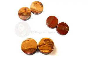 Polished Desert Jasper Double Flare Ear Gauge Tunnels, Organic Band Natural Stone Gemstone Body Piercings Set, Yellow-Red Gauges - Secure Fit, Custom Pair Selection, 3-35mm Sizes