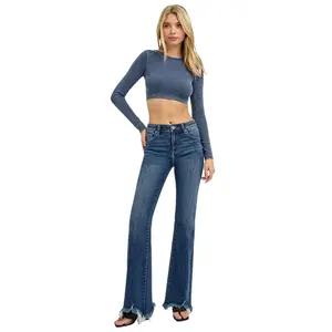 Risen Mid Rise Flared Jeans with Frayed Hem - Long Inseam