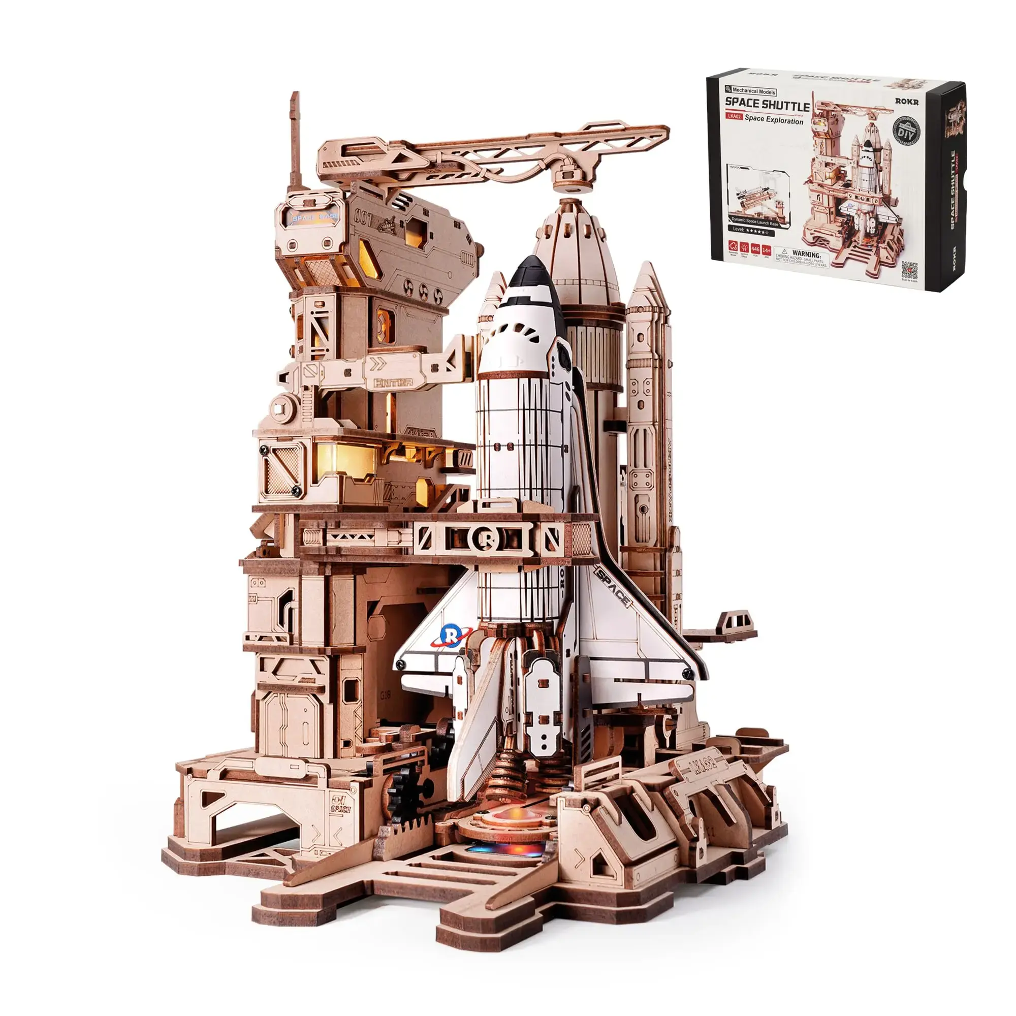 ROBOTIME 3D Space Shuttle Wooden Puzzle for Adults, Dynamic Rocket Launch Model Building Kits with Lights, AS Home Desktop Decoration for Men Gifts LKA02 (446 Pieces,8 Hours Finished)